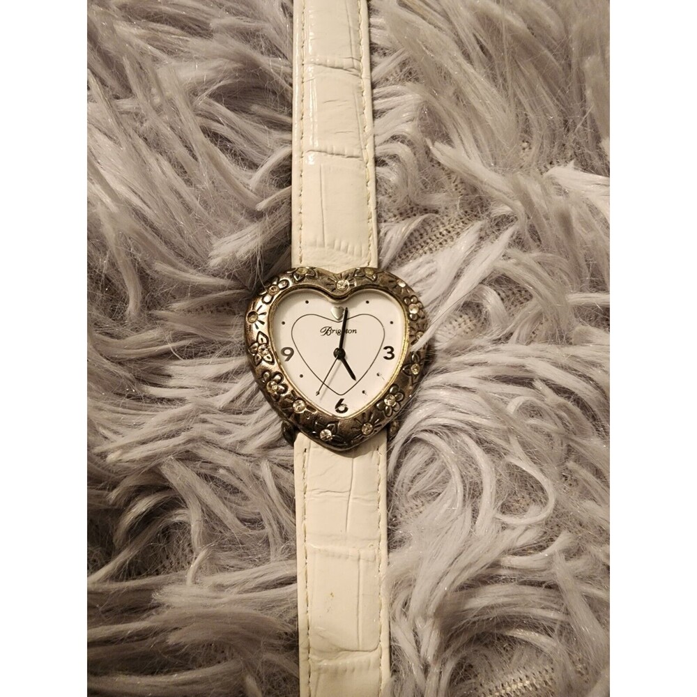 VINTAGE Brighton AUSTRIA Crystal Heart Face Watch HTF White Leather No Battery